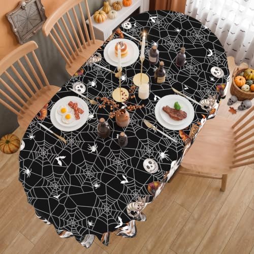 Black Halloween Tablecloth Oval 60 x 102 Inch, Washable Fabric Spider Web Ghost Table Cloth Oval Halloween Tablecloth Table Cover for Kitchen Dining Party