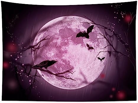 LB Halloween Full Moon Tapestry, Horror Black Crow and Bat on Purple Night Sky Wall Tapestry for Bedroom, Creepy Bat Wall Art for Living Room Home Decor, 59 x 51 Inches
