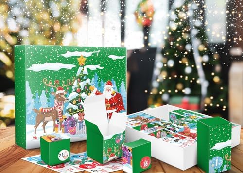 Linelglobal DIY Christmas Advent Calendar to Fill Empty Gift Box Set 2026-24 Days of Surprise Boxes for Kids, Family & Friends - Green