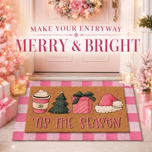 Tinideya 2 Pcs Pink Christmas Layered Doormat Set, Holiday Front Door Mats