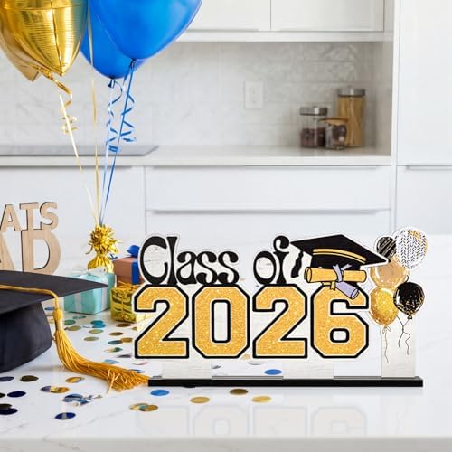 Smile 2026 Graduation Wooden Standing Decor Set, 2-Piece Class of 2026 Balloon Bouquet Tiered Tray Tabletop Signs with Stands for Graduation Party Decorations