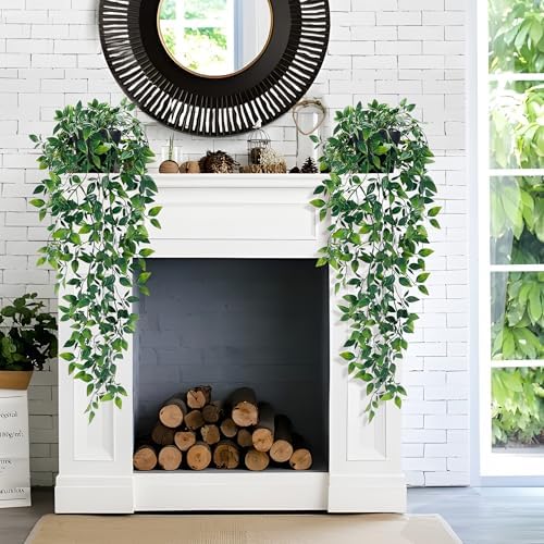 Waipfaru 2Pcs Fake Hanging Plants with Pot Eucalyptus Leaves Fake Vines