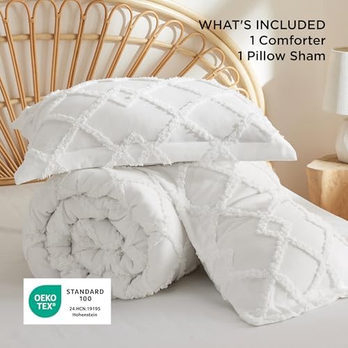 Bedsure Boho Comforter Set Twin - White Tufted Twin Size Comforter, 2 Pieces Farmhouse-Style Embroidery Bed Set, Soft