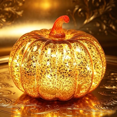 Fall Decorations for Home,Mercury Glass Pumpkin Lights with Timer(Gold)