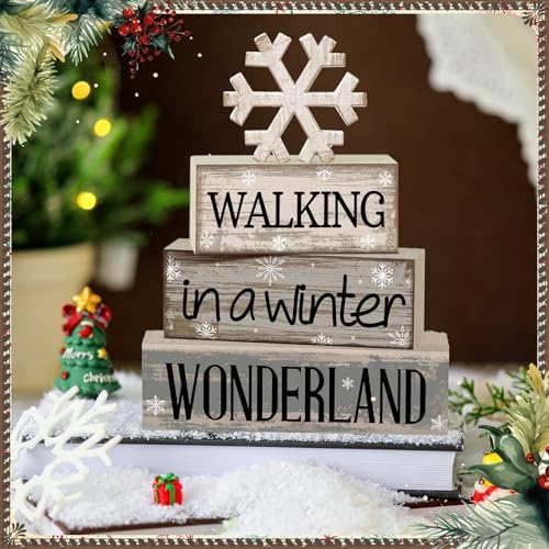 Moucuny 4 Pcs Snowflake Decorations Wooden Block Signs Winter Farmhouse