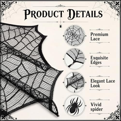 18 x 96 Inch Halloween Mantel Scarf Black Lace Spider Web Decor