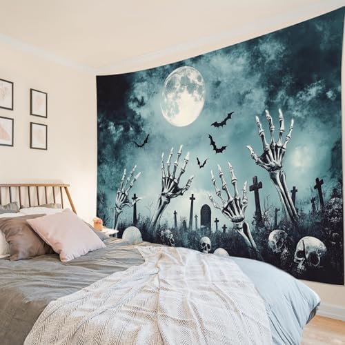 HVEST Black Halloween Tapestry Wall Hanging Scary Skeleton and Horror Tombstone in Cemetery Wall Art Spooky Bat and Misty Full Moon Tapestry for Bedroom Living Room Dorm Wall Decor, 40L X 60W inches
