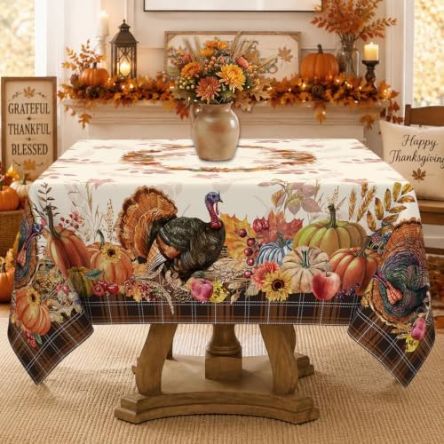 Thanksgiving Tablecloth Square 70 x 70 Inch, Stain Resistant Machine Washable Fabric Polyester Turkey Harvest Table Cloth Square Thanksgiving Tablecloth Table Cover for Kitchen Dining Party