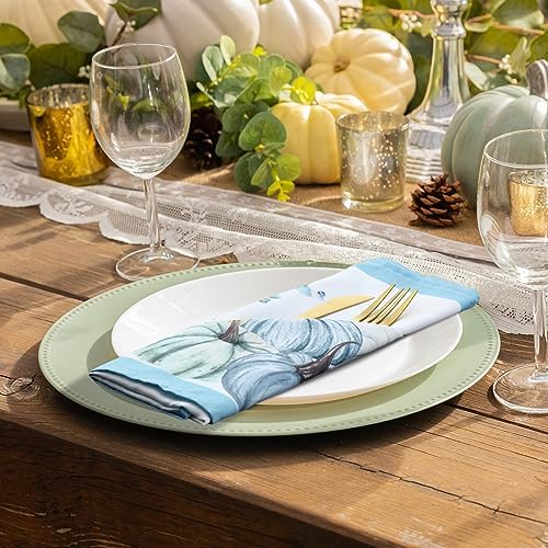 Qeeenar 12 Pcs Blue Pumpkin Floral Cloth Napkins 20" Thanksgiving Dinner