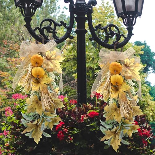 Suncalla 2 Pcs Fall Pumpkin Teardrop Swag 20" Front Door Maple Leaf