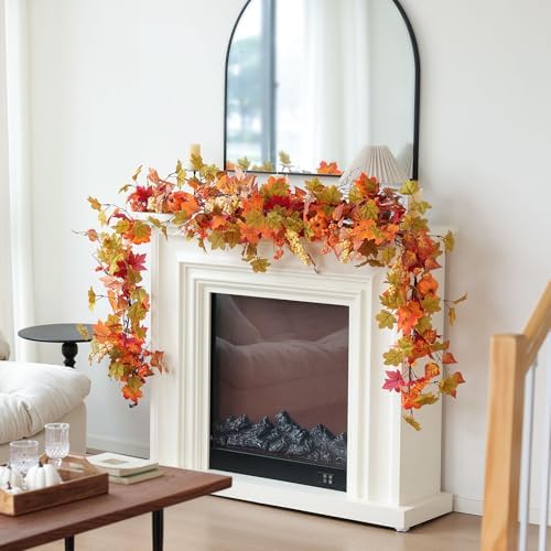 MIZII Fall Decor Artificial Maple Leaf Pumpkin Garland 6FT Fake Autumn Vines Garland Thanksgiving Halloween Harvest Decorations for Porch Mantle Table Centerpieces Fireplace Farmhouse (Yellow PK)