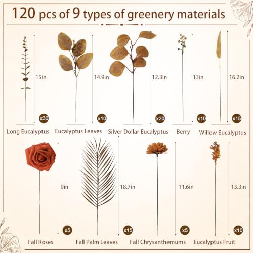 120 Pcs Mixed Fall Greenery Stems Orange Faux Eucalyptus Leaves