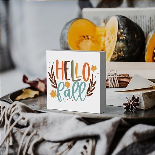 Fall Wooden Box Sign, 5.1 X 5.1 Inch Autumn Maple Wood Sign for Tiered Tray Decor, Home Living Room Harvest Day Thanksgiving Tabletop Decor - Hello Fall