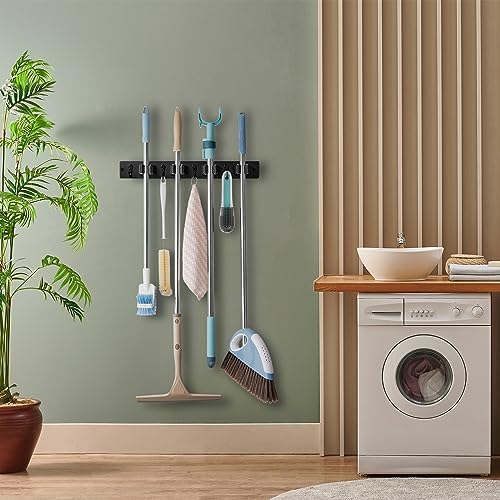 OUTNILI Black Mop Broom Holder Wall Mount with 4 Slots & 4 Hooks - Rustic Wood Broom Mop Hanger for Pantry Closet