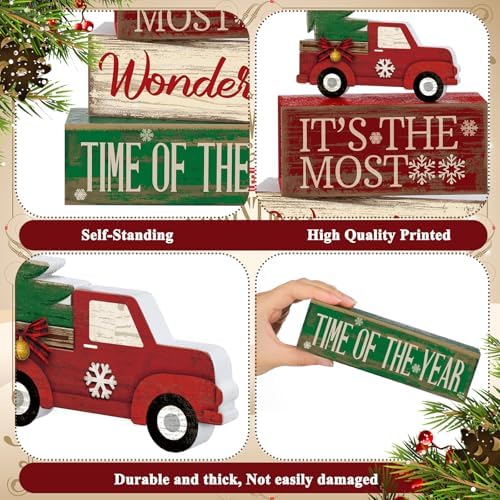 Moucuny 4 Pcs Christmas Red Truck Centerpiece Wooden Block Signs Tabletop