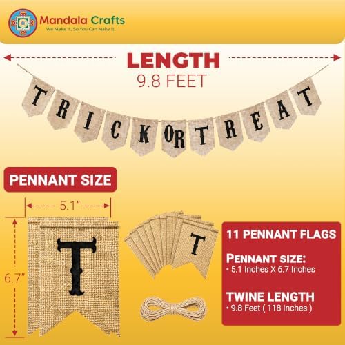 Mandala Crafts Halloween Banner - Trick or Treat Halloween Burlap Banner Pennant Garland Bunting for Fireplace Mantle Porch Party Decorations