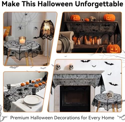 5-in-1 Halloween Decorations Kit, Black Lace Spiderweb Tablecloth, Bats Set