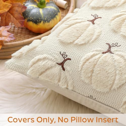 Artscope Pumpkin Fall Throw Pillow Covers 20x20 Set of 2, Autumn Soft Plush Faux Fur Decoration Cushion Covers for Thanksgiving Holiday Couch Sofa Bedroom Home Decor-Beige