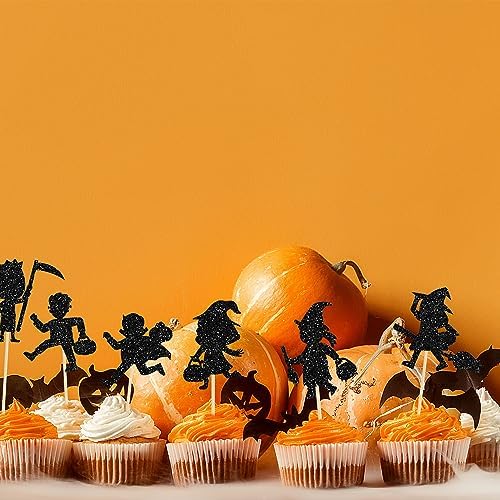 Gyufise 24Pcs Halloween Cupcake Toppers Black Glitter Trick or Treat Halloween Cupcake Pick Decorations for Baby Shower Kids Boys Girls Birthday Party Cake Decorations Supplies