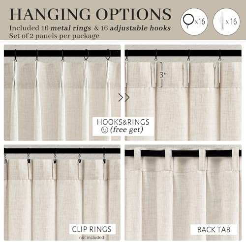 Pinch Pleated Linen Curtains 96 Inches Long for Living Room Bedroom, Light Filtering Boho Window Drape 96 inch 2 Panels