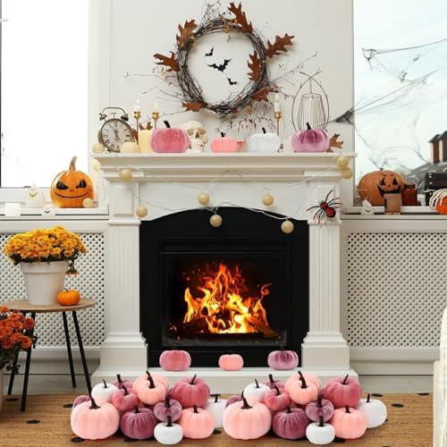 Lonfliness 18Pcs Fall Velvet Pumpkin Harvest Decoration Assorted Faux Pink Small Fabric Foam Pumpkin for Autumn Thanksgiving Farmhouse Table Centerpiece Halloween Mantel Party Favor
