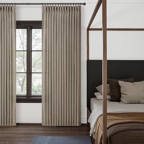 Pinch Pleated Light Filtering Dark Flax 60 Inch Wide Curtains 96 Inches Long for Living Room, Memory Trained Flax Linen