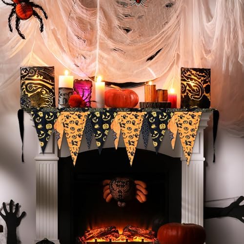 VitalCozy Halloween Fireplace Mantel Scarf Purple Orange Black,Bat