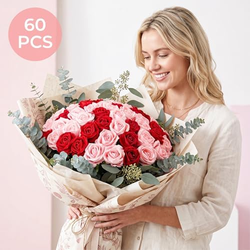 Auihiay 60PCS Artificial Roses, Pink and Red Roses, Velvet Silk Roses