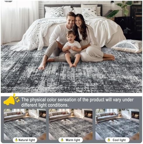 PLHXFR 8x10 Area Rug Living Room: Abstract Washable Carpet Dark Black
