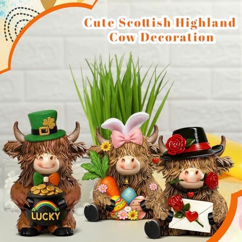 3 Pack Seasonal Resin Highland Cow Figurine St. Patrick's Day Easter Bunny Figurines Highland Cow Gifts Decor Resin Statue for Garden Table Shelf Home Decor Calf Gnome Herd Gifts
