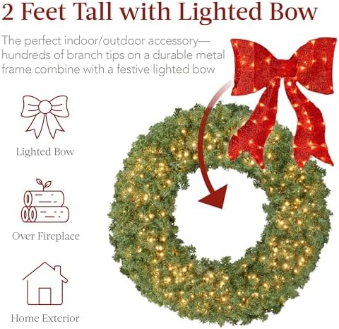 Best Choice Products 24in Large Artificial Pre-Lit Fir Christmas Wreath Holiday Accent Decoration for Door, Mantel w/Red Lighted Bow, 70 LED Lights, 100 PVC Tips, Battery Operated