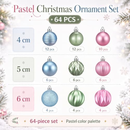Lunmon 64 Pcs Pastel Christmas Ball Ornament 1.57/1.97/2.36 Inch Xmas Bulbs