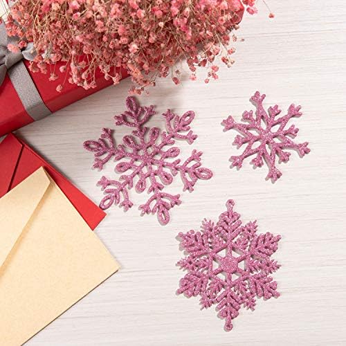 Whaline 40Pcs Pink Glitter Snowflake Winter Snowflake Ornaments Christmas Hanging Decorations with 197 Inches Silver Rope for Wedding Birthday Home Xmas Tree Window Door Accessories