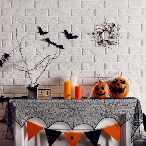 18 x 96 Inch Halloween Mantel Scarf Black Lace Spider Web Decor