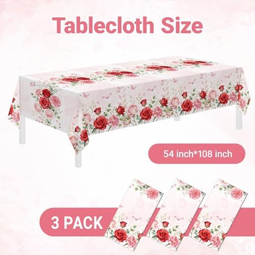 Childom 3 Pack Pink Tablecloth,Floral Tablecloth,54" x 108" Disposable Plastic Table Cloth for Rectangle,Pink Table Cover for Birthday Decorations,Party Supplies,Butterfly Decorations