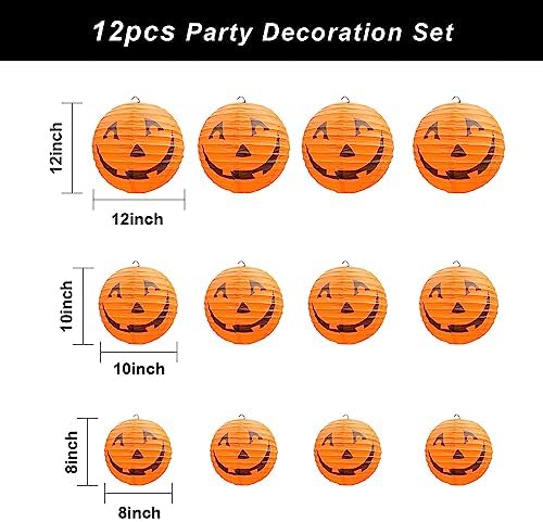 Halloween Pumpkin Paper Lanterns Set for Halloween Party Garden Decoration, Multi-Sized, Pack of 12