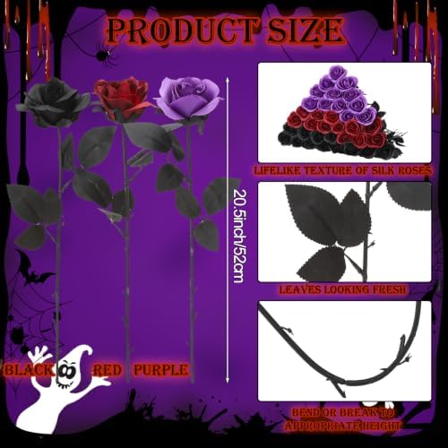 36 Pcs Black Purple Red Artificial Roses with Black Long Stems