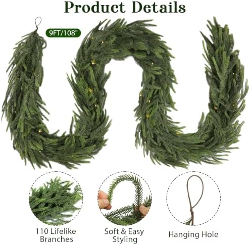 2Pcs 9FT Soft Touch Artificial Norfolk Pine Christmas Garland with Lights