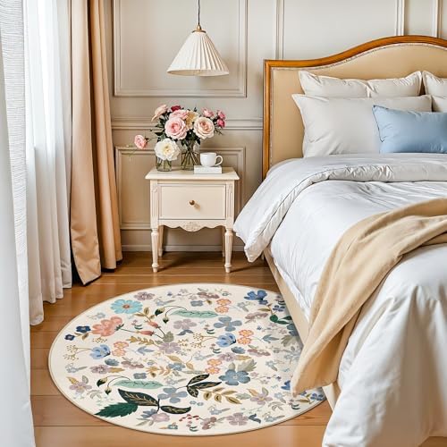 Washable Floral Round Rugs for Bedroom - 4x4 Feet Circle Area Rugs for Living Room Nursery Non-Slip Stain Resistant