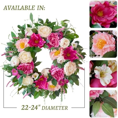 24 Inch Spring Summer Wreaths for Front Door Outside with Peony & Rose