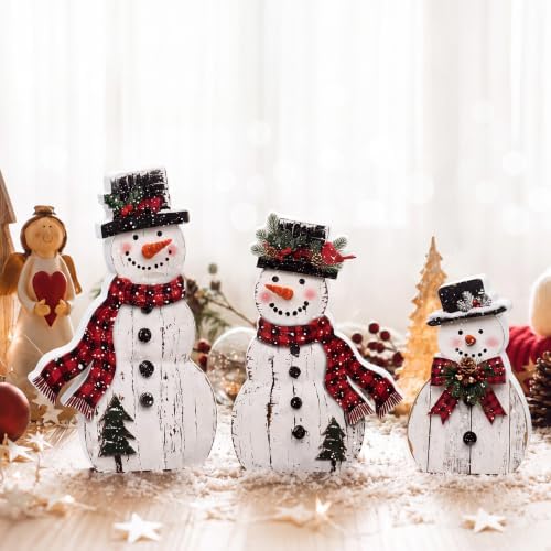 Barydat 3 Pcs Snowman Christmas Decorations Rustic Wooden Indoor Decor