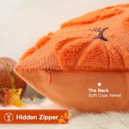 Artscope Pumpkin Fall Throw Pillow Covers 18x18 Set of 2, Autumn Soft Plush Faux Fur Decoration Cushion Covers for Thanksgiving Holiday Couch Sofa Bedroom Home Decor-Orange