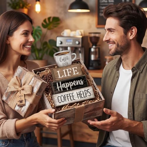 Moucuny 4 Pcs Wooden Coffee Bar Signs Farmhouse Table Decor Blocks