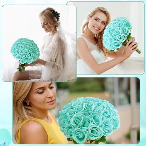 36 Pcs Turquoise Artificial Roses with Long Stems