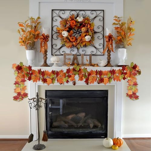Mizii 2 Strands Artificial Maples Vines Garland 79" Fake Vine Silk Maple Leaves Faux Hanging Fall Garland for Fall Decor Thanksgiving Porch Mantle Fireplace Farmhouse Harvest Decorations (Maple)