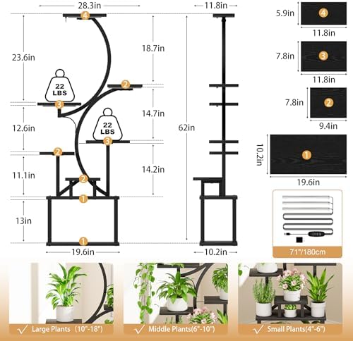 BACEKOLL Plant Stand Indoor with Grow Light, 8 Tier Corner Plant Shelf Tall
