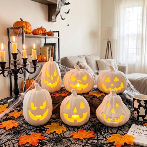 Tujoe 6 Pcs Halloween Pumpkin Lantern Set Light up LED,White