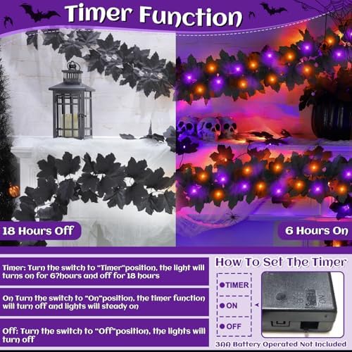 Timer - 2 Pack Halloween Garland with Purple Orange Lights Battery Operated