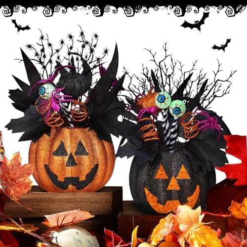 Giegxin 2 Pack Halloween Table Centerpieces Decorations 14'' x 10'' Jack O Lantern Artificial Flowers Pumpkin with Spider and Eyeball Halloween Tabletop Decor for Home Kitchen Indoor Outdoor