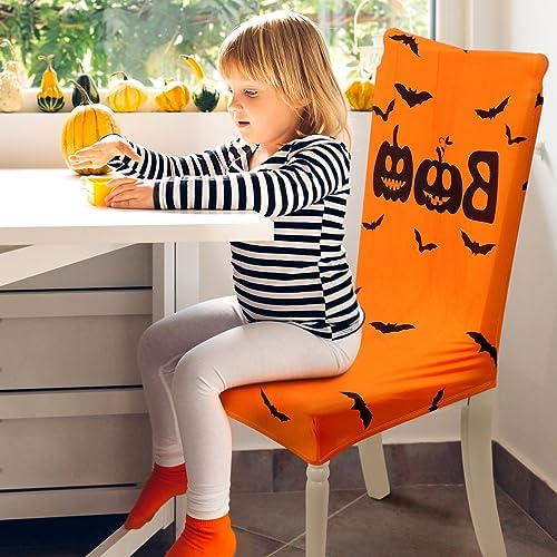 Preboun 8 Pcs 4 Styles Halloween Chair Cover Halloween Dining Chair Slipcover Spooky Chair Back Covers Stretchable Washable Chair Protective Covers for Dining Room Kitchen Office Hotel Seat Decor